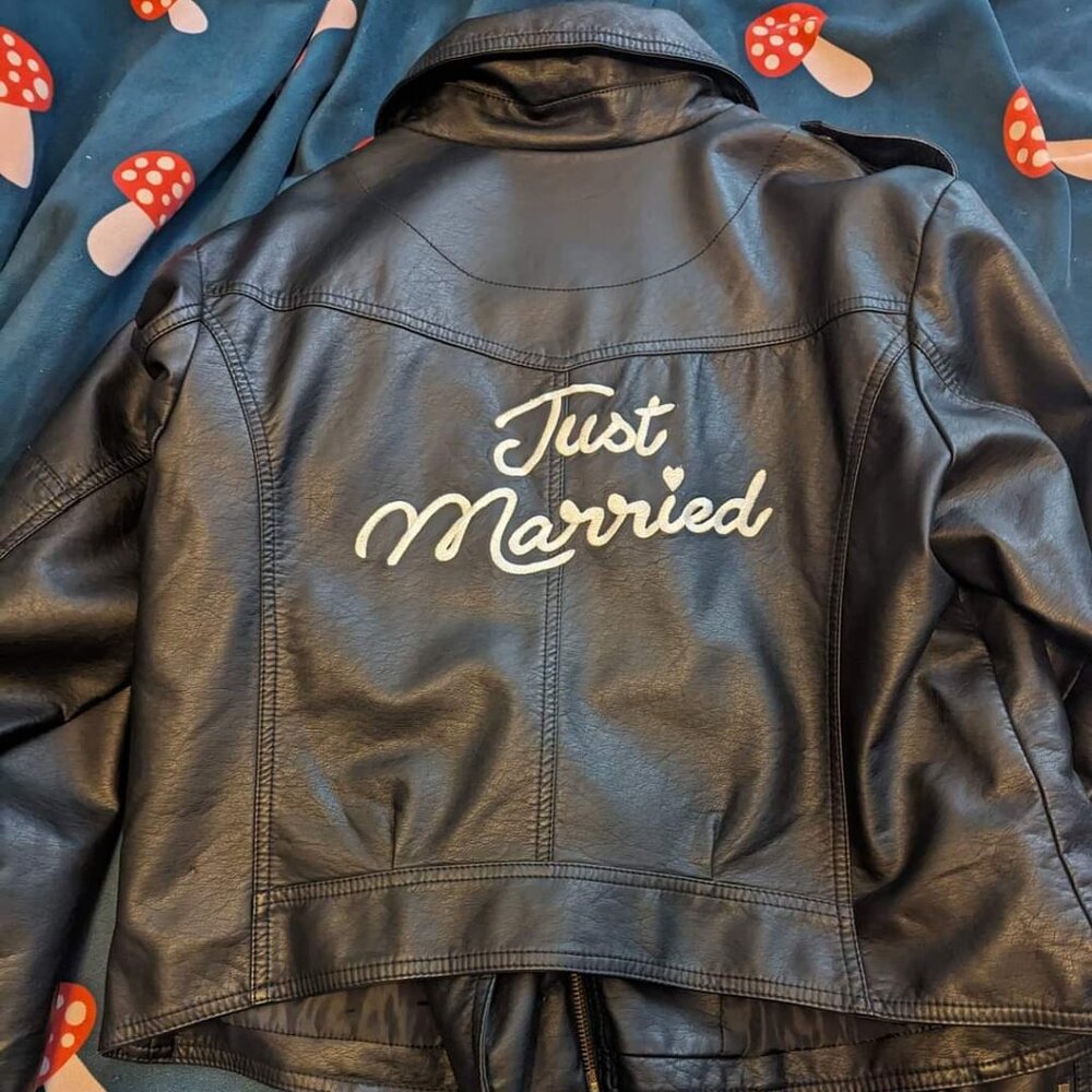 just married embroidered vegan leather moto jacket